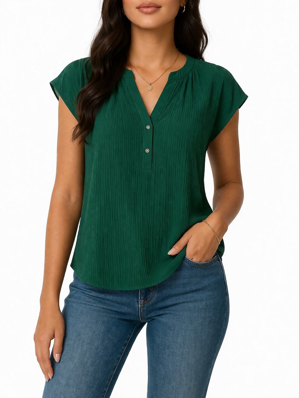 Emerald Green Pleated Blouse Shirt Women’s Small Lightweight Top